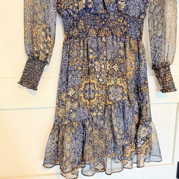 Michael Kors Women's Long Sleeve Midi Dress Navy & Gold Van Gogh Pattern - Picture 4 of 6